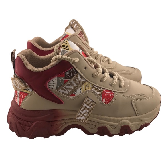 Chunky Graphic Sneakers Beige Red | Streetwear Fashion Trainers - Picture 4 of 8